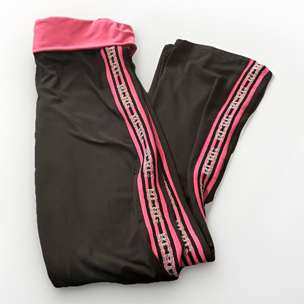 Y2K BCBG Maxazria Foldover Yoga Pants With Glitter Logo, Black & Pink Vintsge M